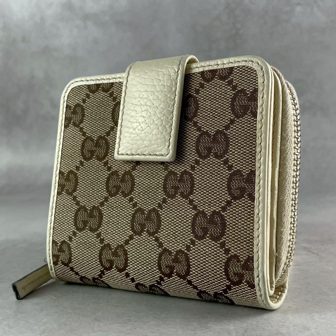 グッチ GUCCI 二つ折り財布 GGキャンバス コンパクト ジップ アイボリー
