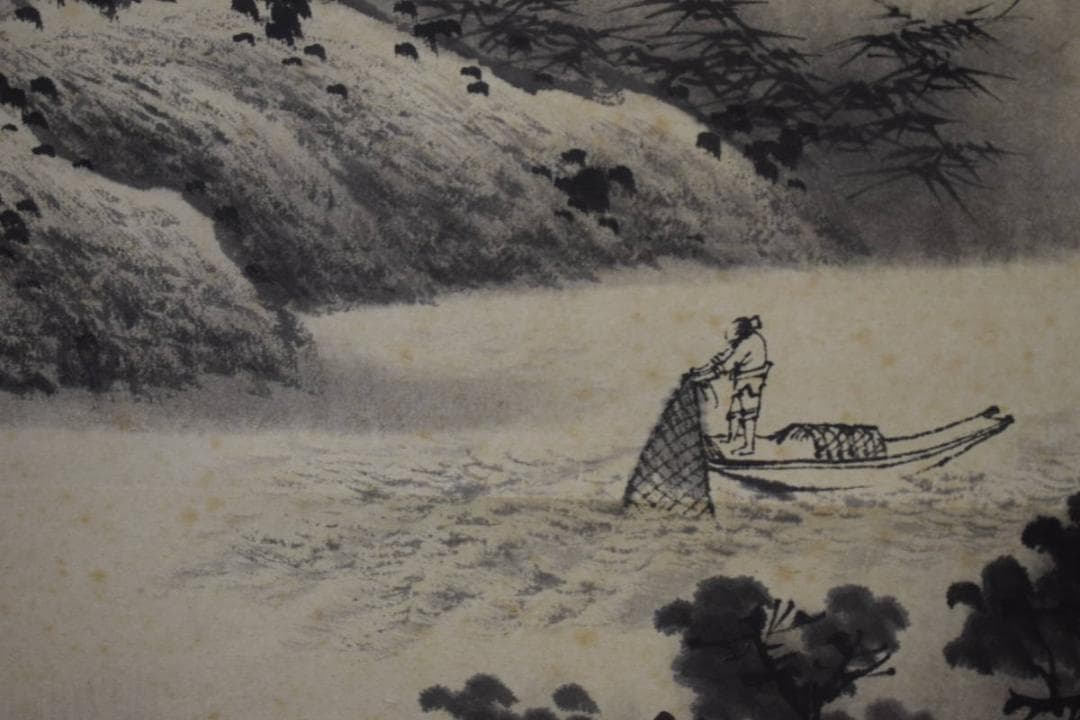 真作/月敬濤/楼閣山水画賛/布袋屋掛軸HG-685