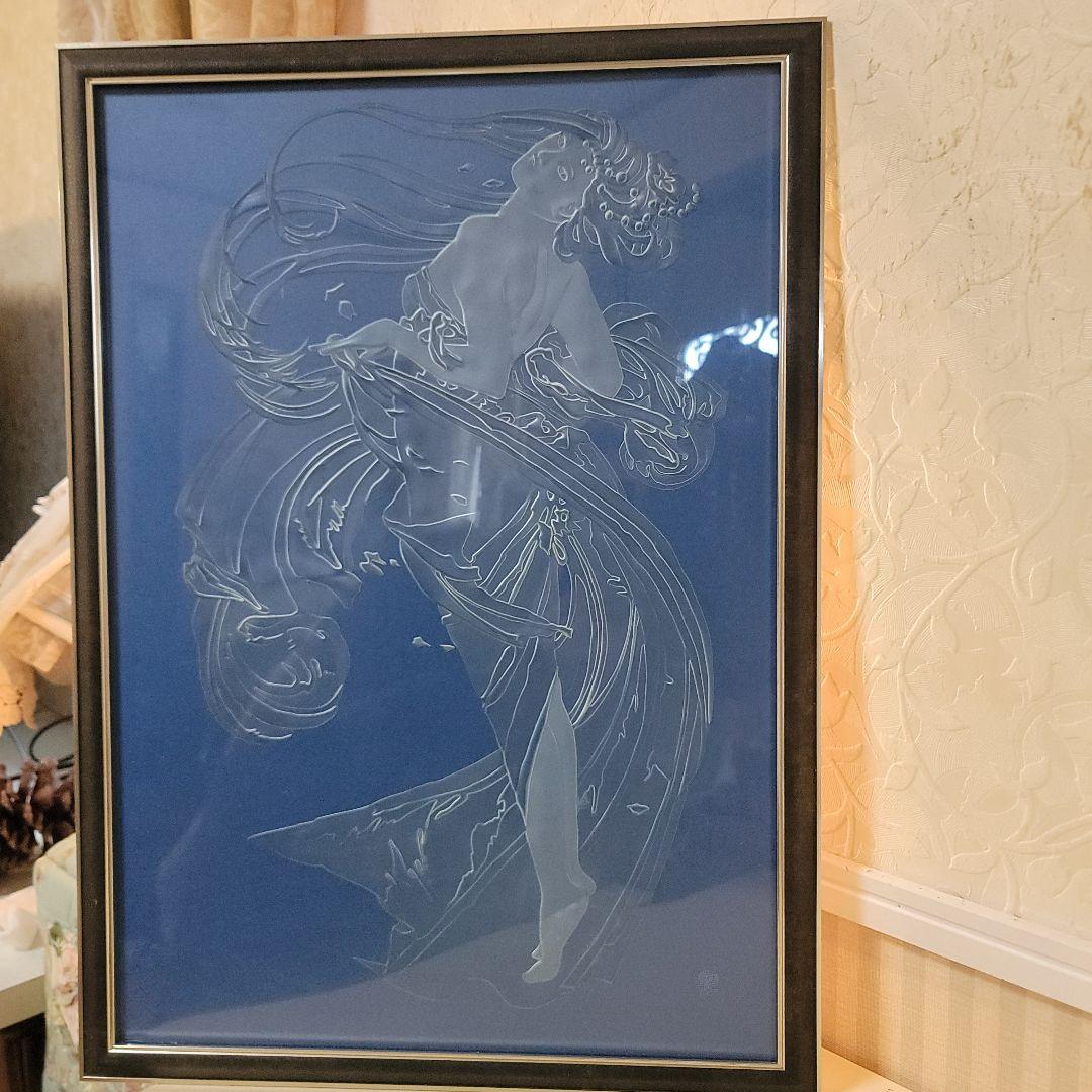 エッチング ガラス彫刻　ヴィンテージアート工芸品　額入り　ミュシャの絵モチーフ