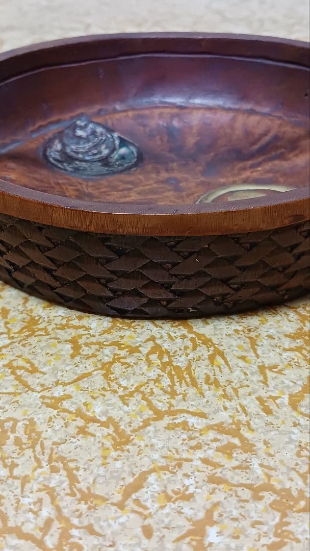 竹製　手付菓子鉢　菓子皿　菓子入れ　宝玉家紋図　在銘　中川　 茶道具　作家物