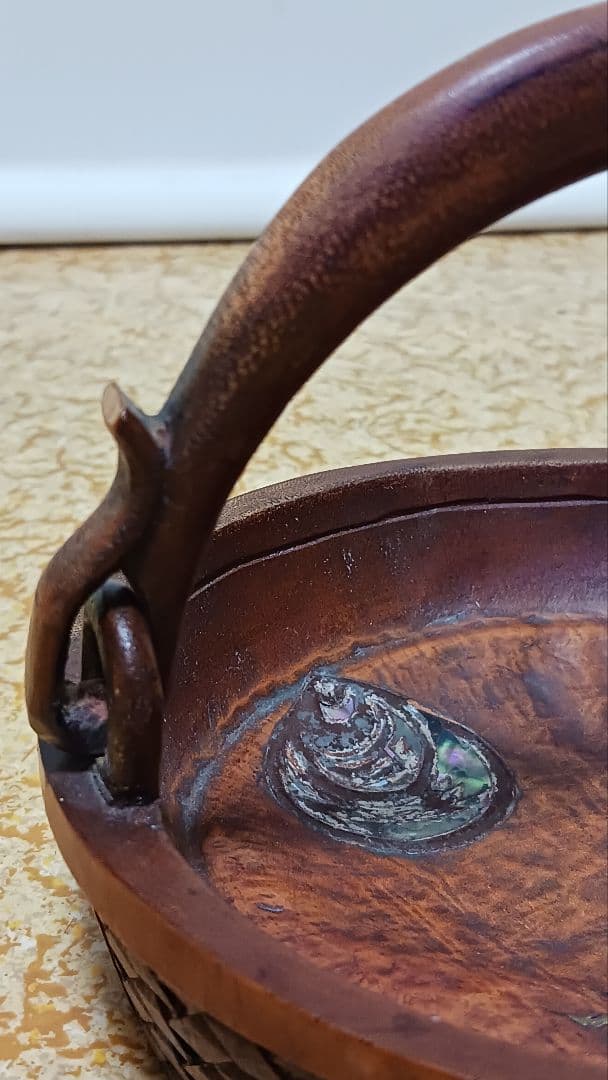 竹製　手付菓子鉢　菓子皿　菓子入れ　宝玉家紋図　在銘　中川　 茶道具　作家物