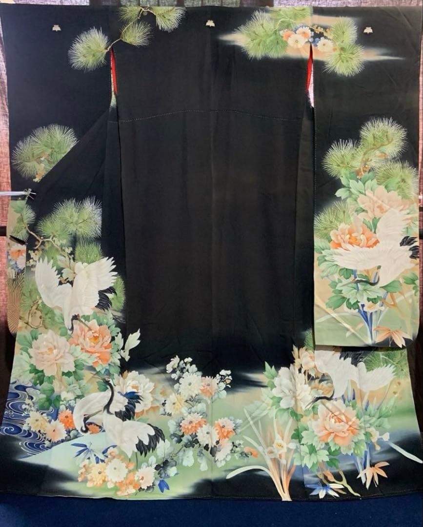 アンティーク振袖花に鶴ヴィンテージ正絹