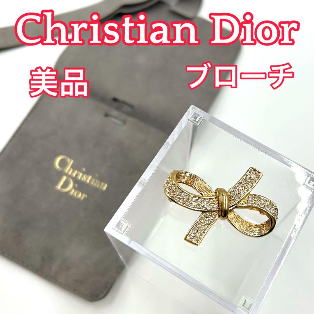 【美品】Christian Dior　リボン　ブローチ　ラインストーン　袋付き