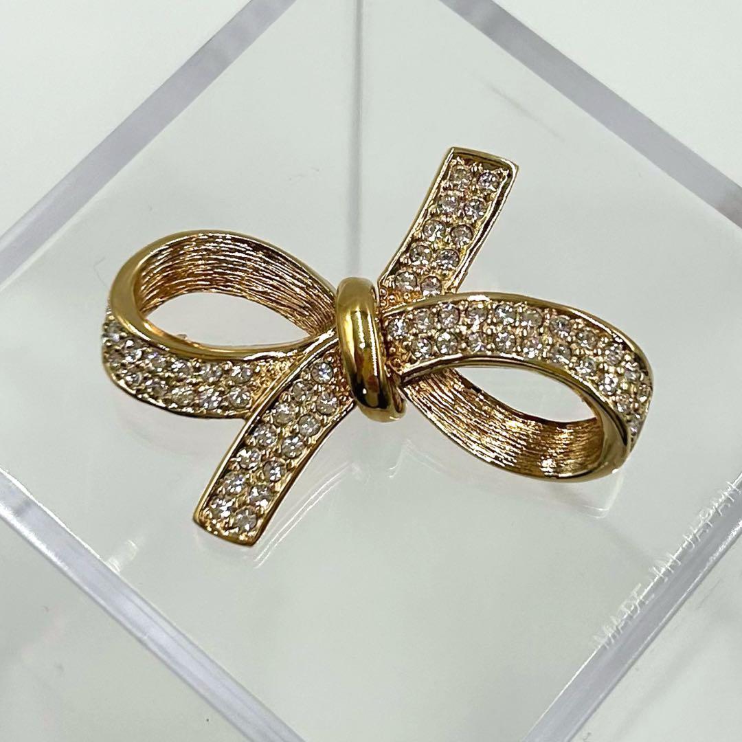 【美品】Christian Dior　リボン　ブローチ　ラインストーン　袋付き