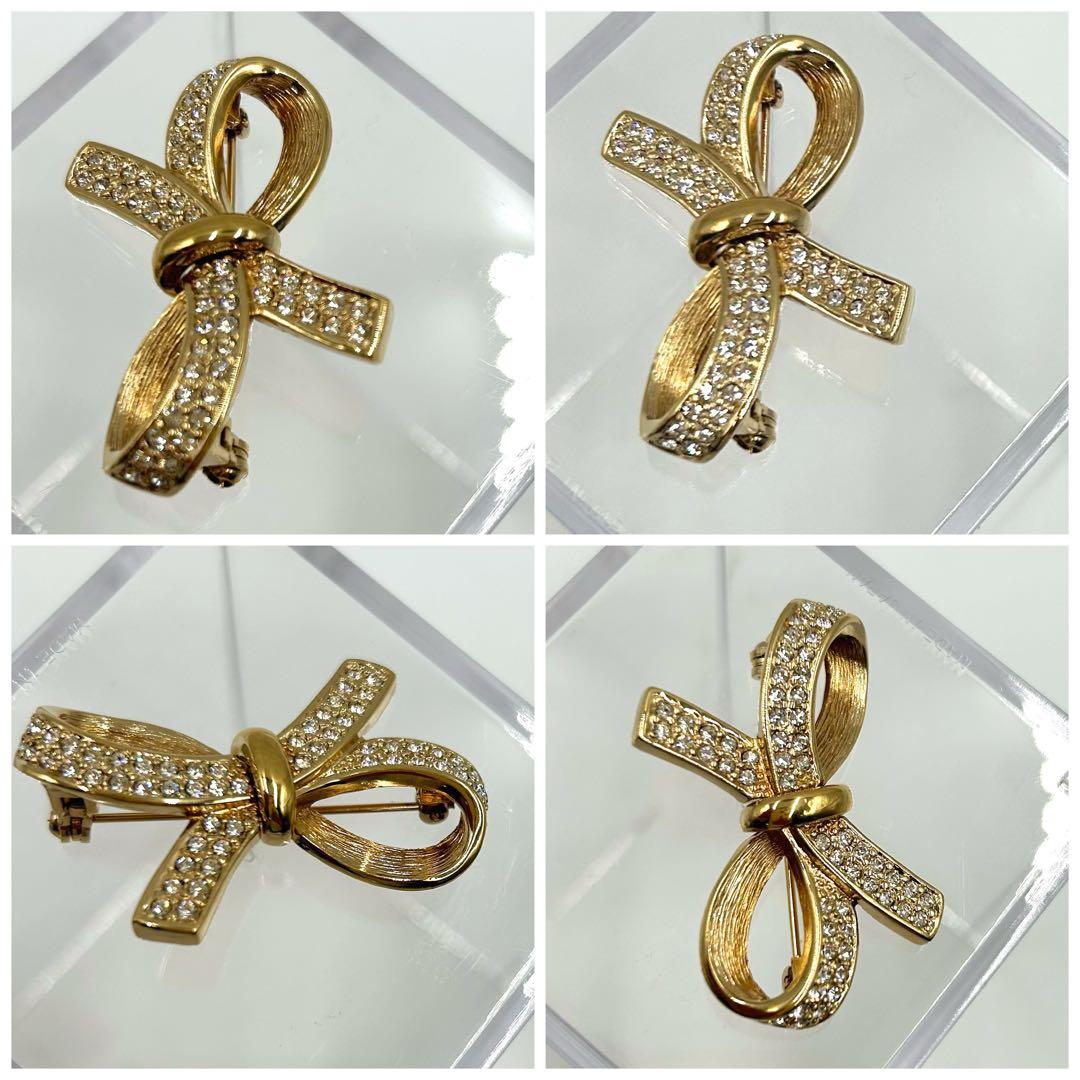 【美品】Christian Dior　リボン　ブローチ　ラインストーン　袋付き