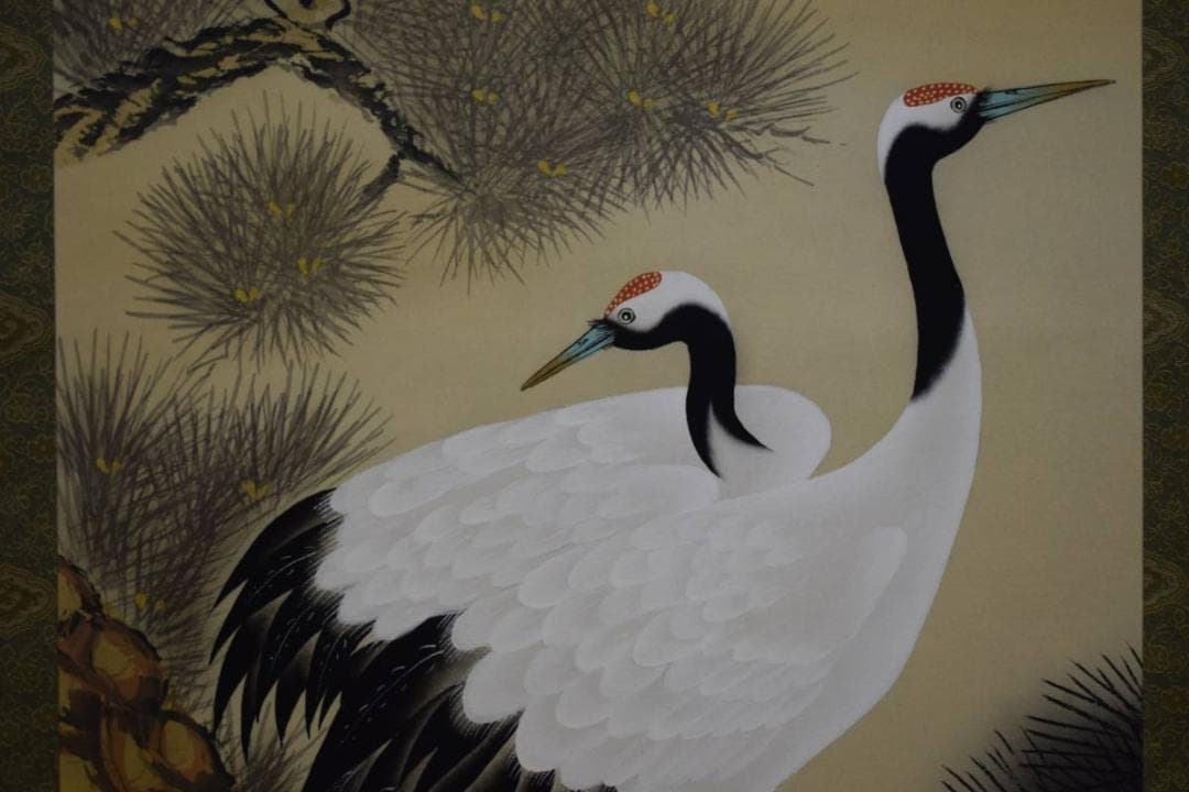 真作/春秋/松上双鶴図/桐共箱付/布袋屋掛軸HE-134