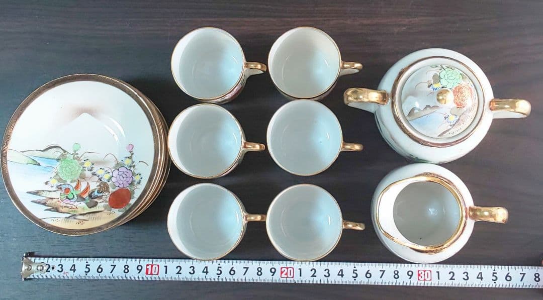 九谷焼 大正時代 金彩花鳥富士模様柄 ティーセット 6客8点セット 陶磁器