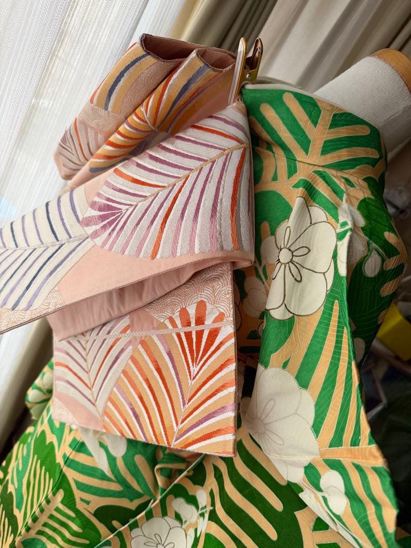 振袖フルセット グリーン×白×クリームイエロー×ゴールド 金駒刺繍