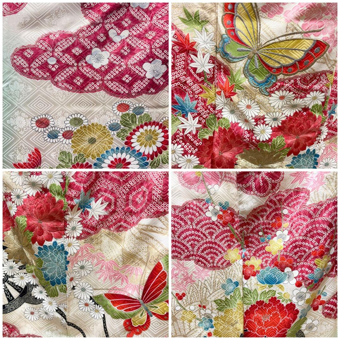 A5 レトロ 蝶に花々 刺繍 金銀彩 薄緑 正絹 袷 振袖 着物 成人式 K19