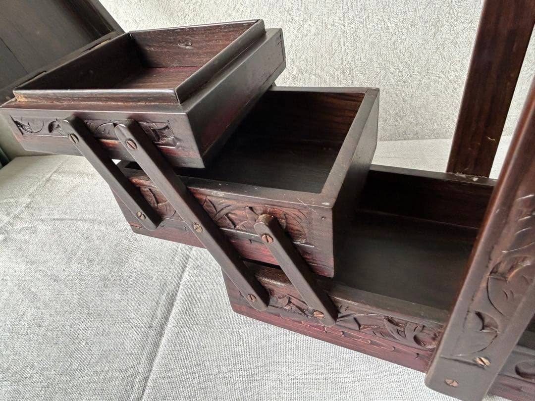 木製彫刻 裁縫箱 小物入れ 収納ボックス レリーフ アンティーク シンガポール