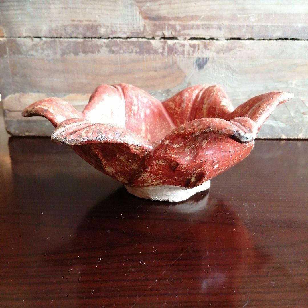 庸八焼　富永庸八　赤楽百合形大鉢　25cm　江戸後期