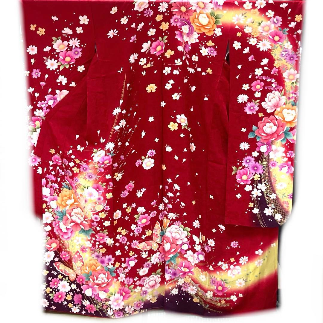 ☆中古品☆振袖　単品　正絹　赤系花・蝶模様Ｂ級品ヤケ有り振袖