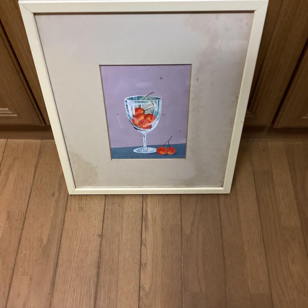 東　直樹　　水彩画　肉筆画　　【　題目　】　グラスにチェリー図　額装仕立て