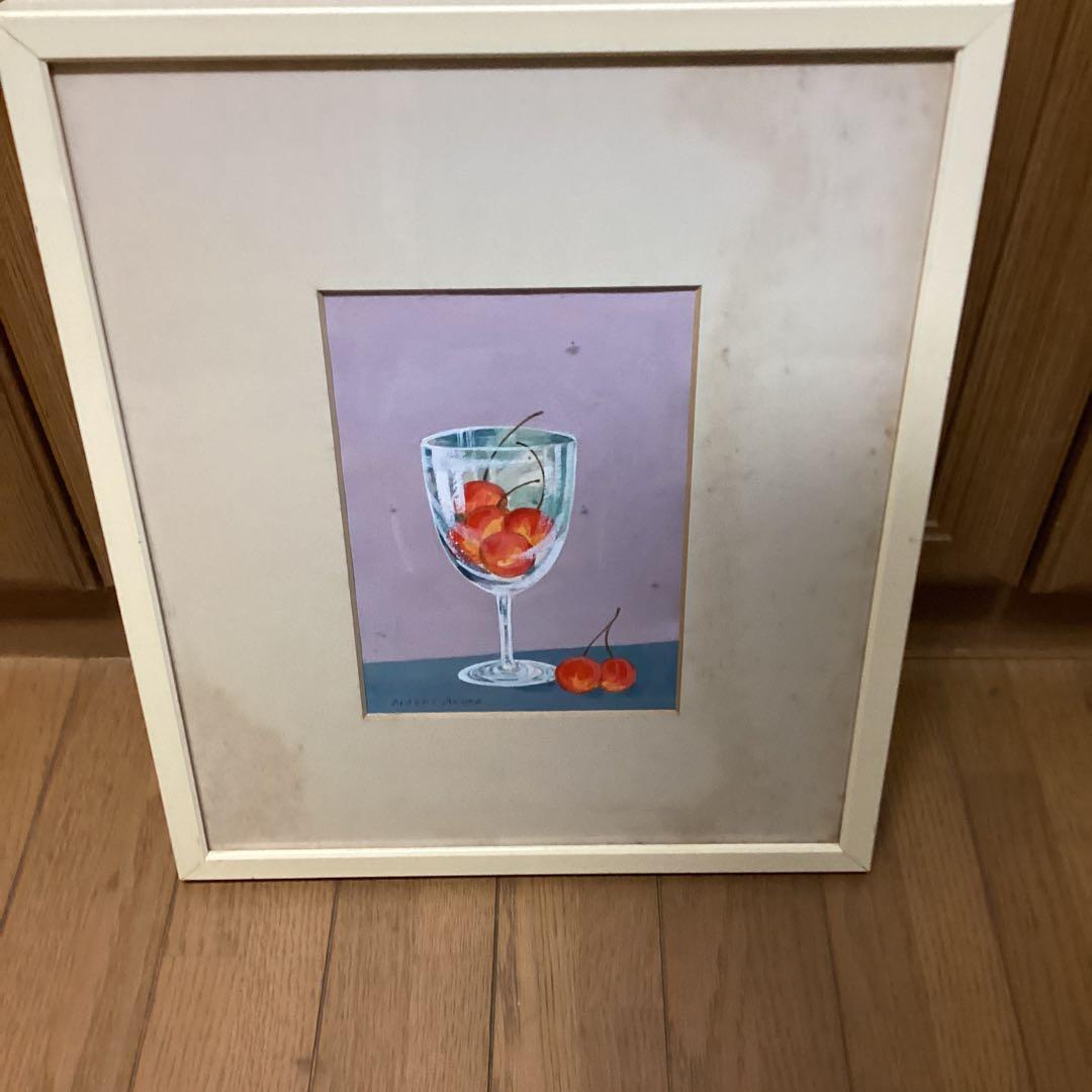 東　直樹　　水彩画　肉筆画　　【　題目　】　グラスにチェリー図　額装仕立て
