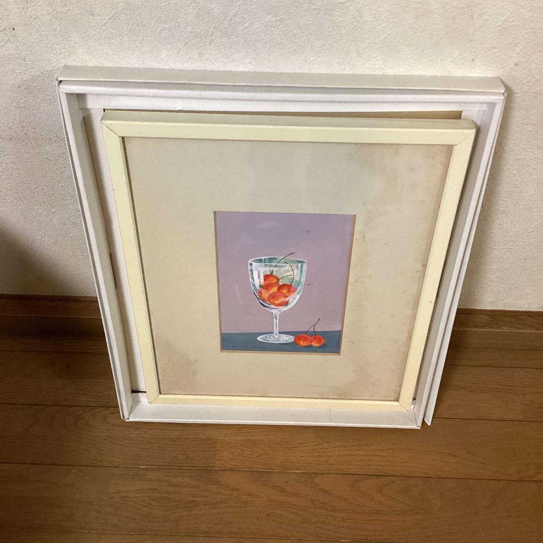 東　直樹　　水彩画　肉筆画　　【　題目　】　グラスにチェリー図　額装仕立て