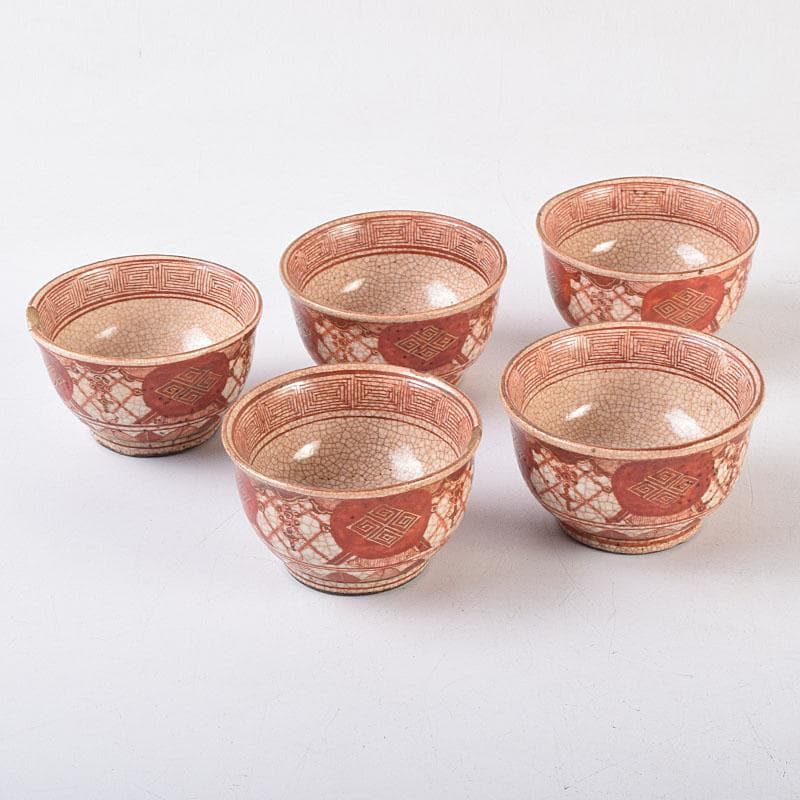 九谷焼　古九谷　八郎手赤絵金彩　煎茶碗　ぐい呑　五客　M　R9168