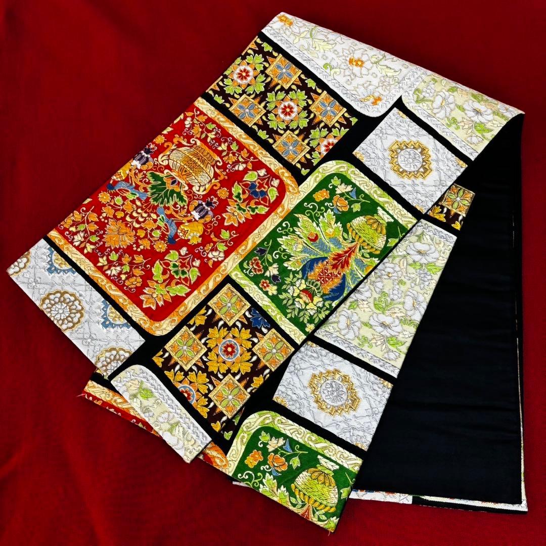 高級　更紗袋帯 華やかな刺繍 袋帯 100%絹　美術織物　豪華刺繍帯