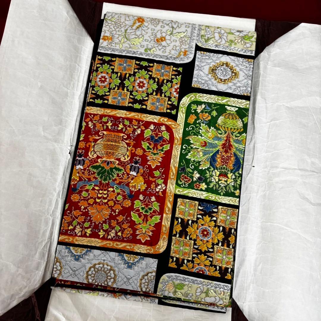 高級　更紗袋帯 華やかな刺繍 袋帯 100%絹　美術織物　豪華刺繍帯