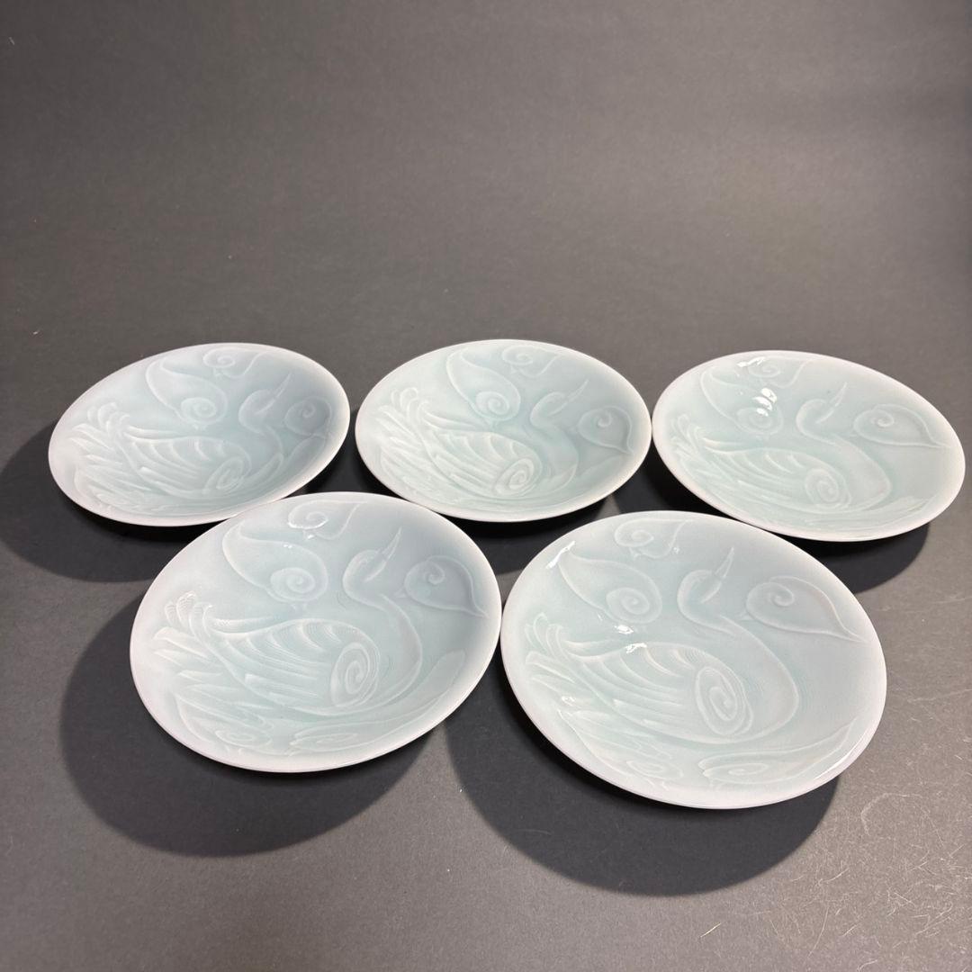 人間国宝　塚本快示　快山窯　青白磁　水鳥文　鉢　共箱