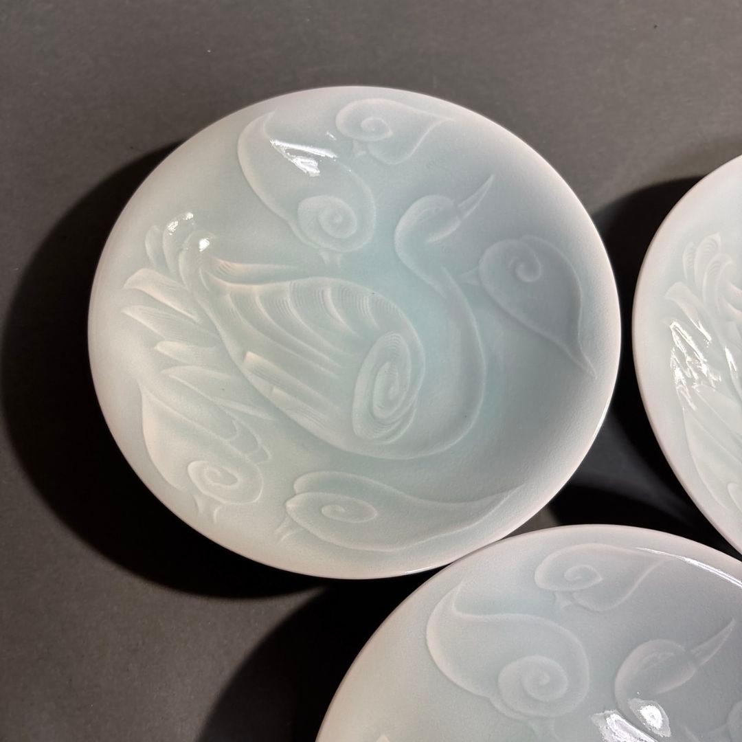 人間国宝　塚本快示　快山窯　青白磁　水鳥文　鉢　共箱