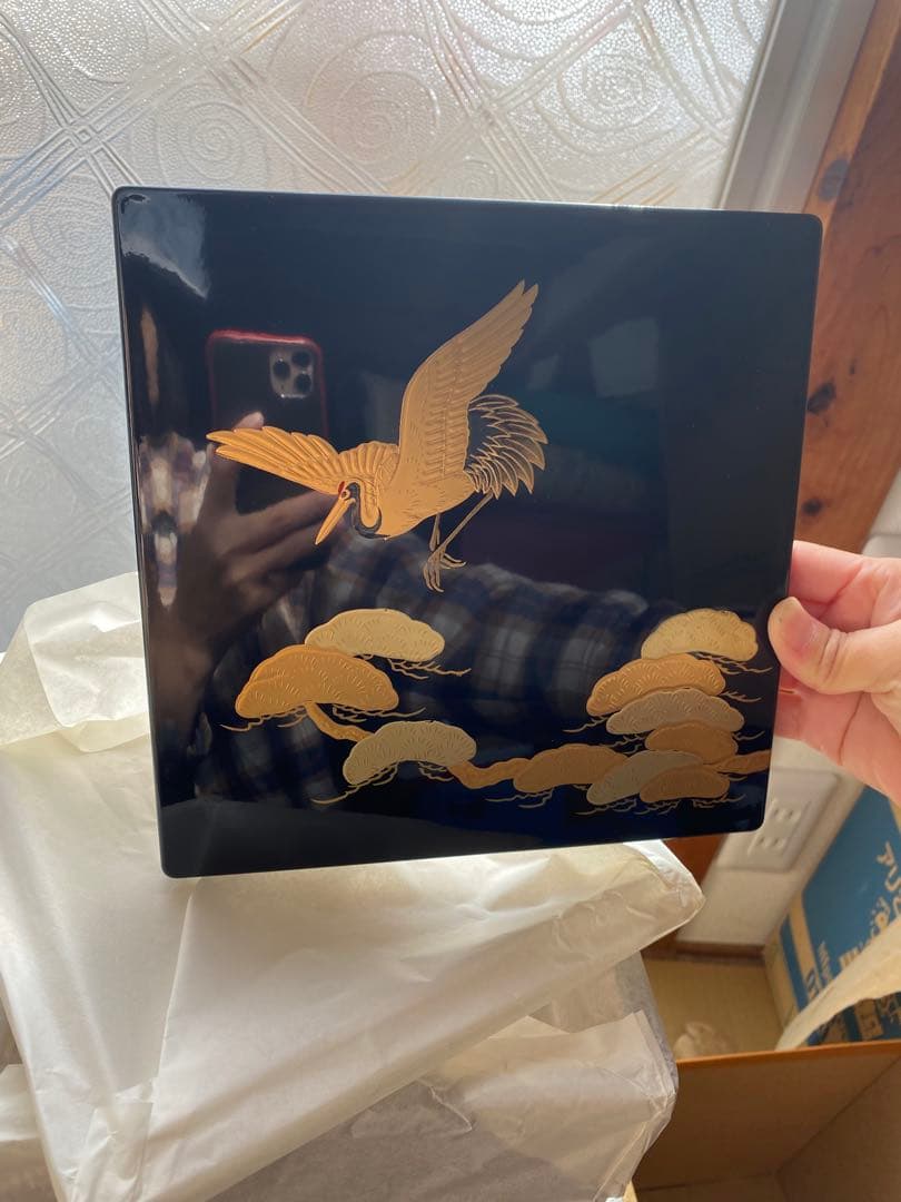 金色の松鶴 重箱 台付