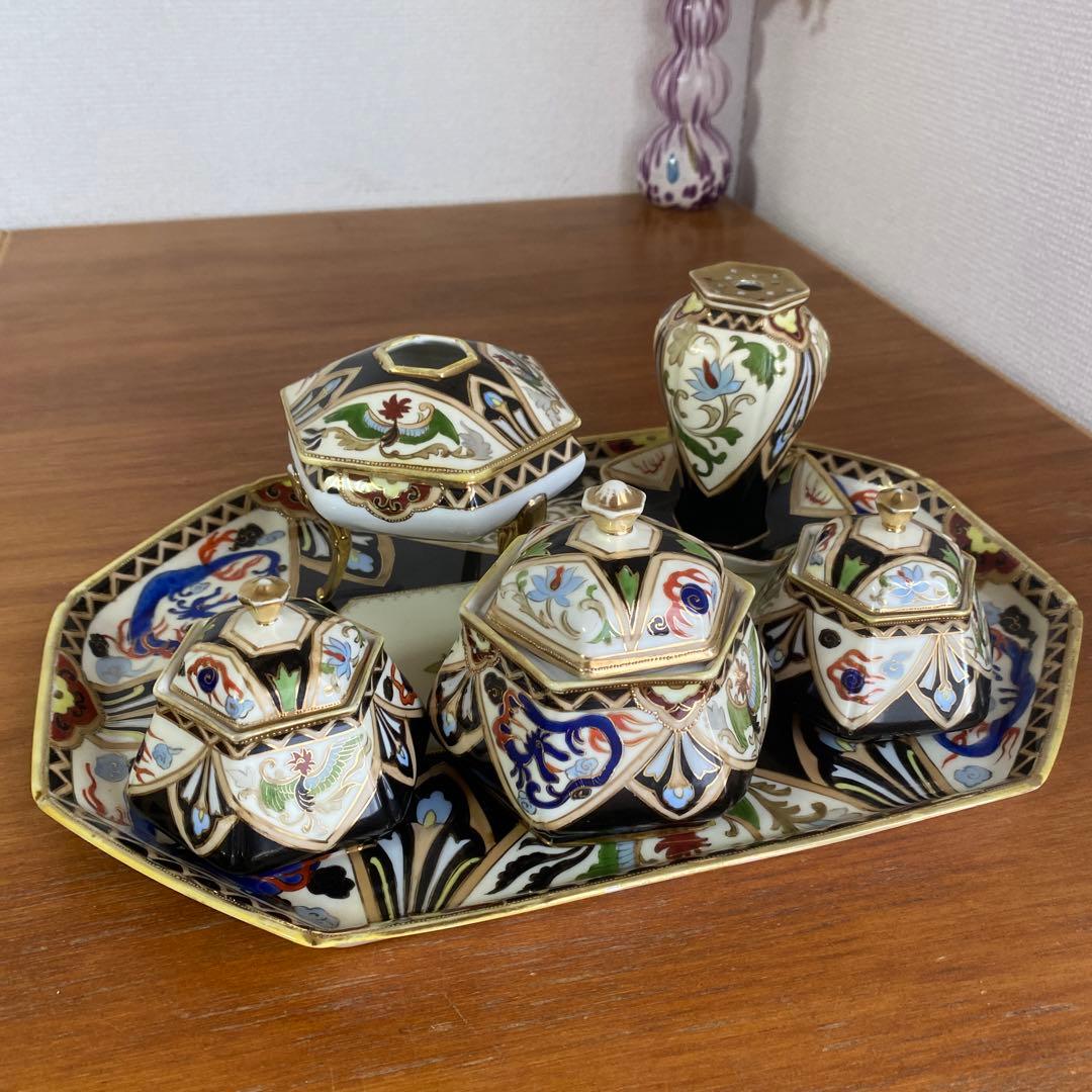 英国 里帰り オールドノリタケ ドレッシングテーブルセット マルキ印 金盛り