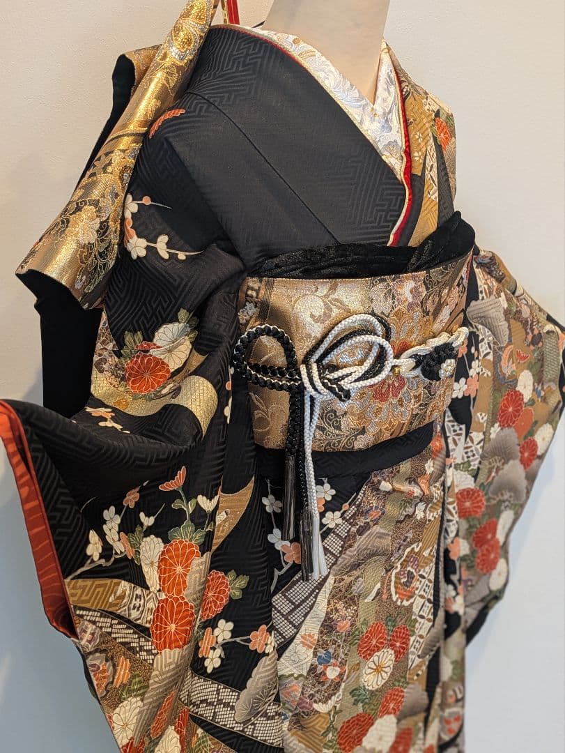 ྈ ྈ様 振袖フルセット 身丈173裄68 ロング丈 黒 古典柄 金彩 成人式