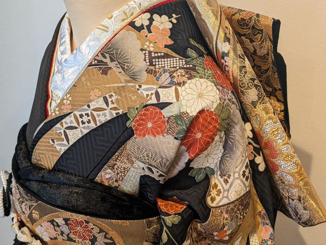 ྈ ྈ様 振袖フルセット 身丈173裄68 ロング丈 黒 古典柄 金彩 成人式
