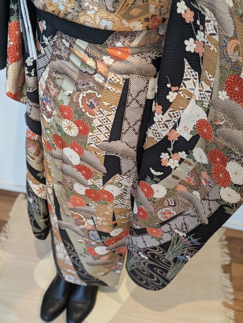 ྈ ྈ様 振袖フルセット 身丈173裄68 ロング丈 黒 古典柄 金彩 成人式