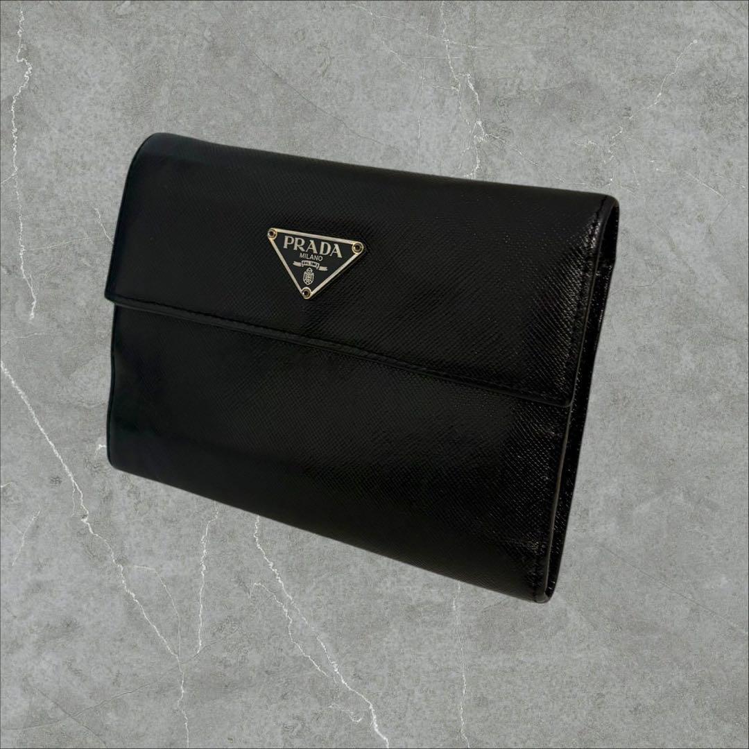 美品✨ PRADA プラダ 三つ折り財布 サフィアーノ ブラック 黒