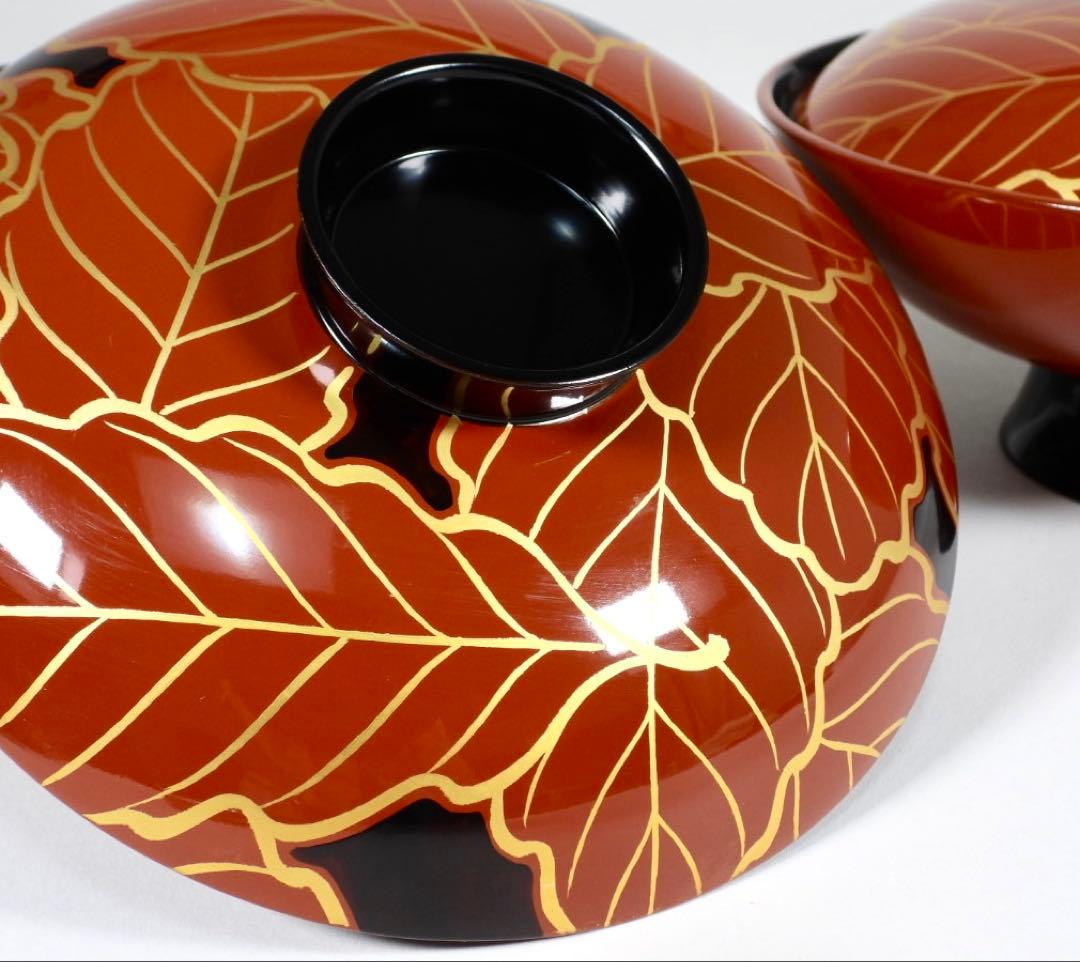 輪島塗　金彩蒔絵　柏葉尽蒔絵　木製　大煮物碗 吸物碗 四客