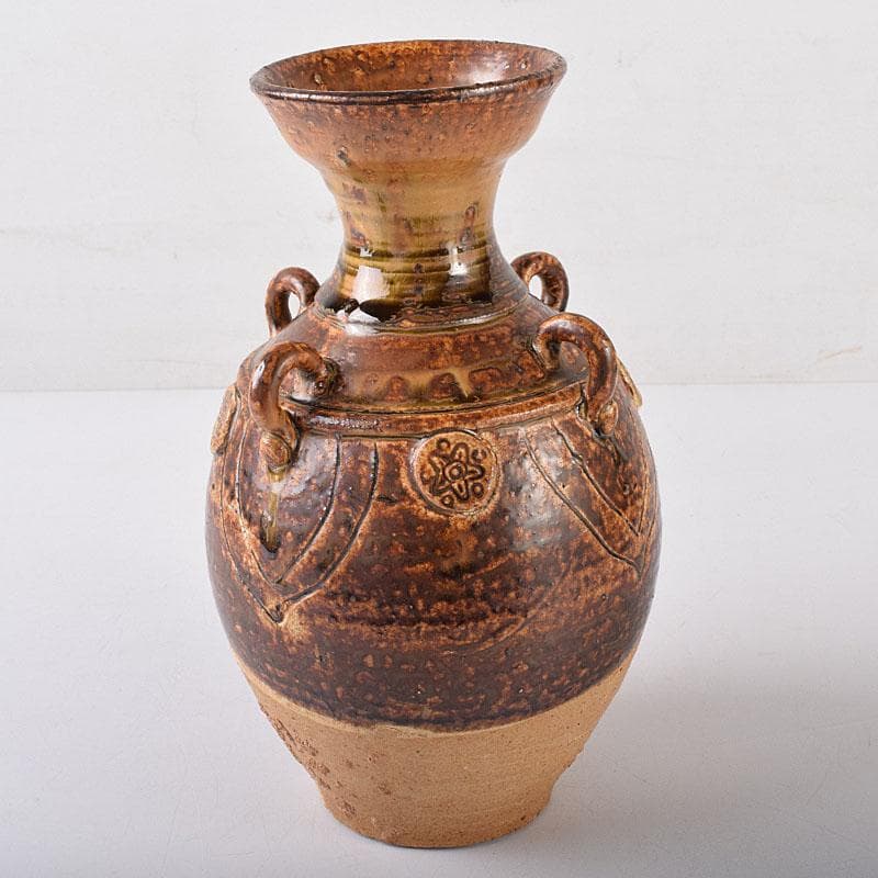 中国　遼褐釉　花文　四耳碗口壷　V　R8153