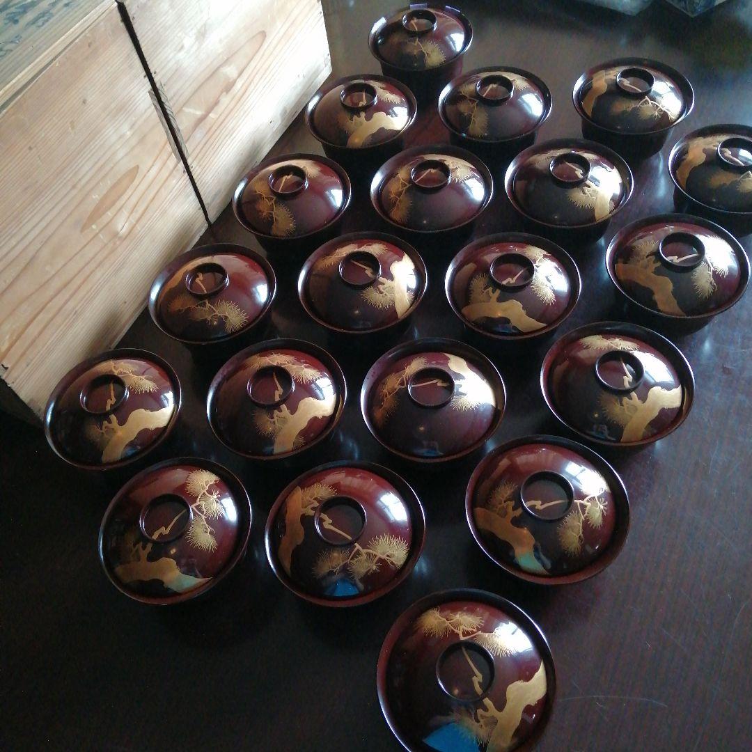 輪島塗　金蒔絵松木画吸物椀　20客　11cm　大正期