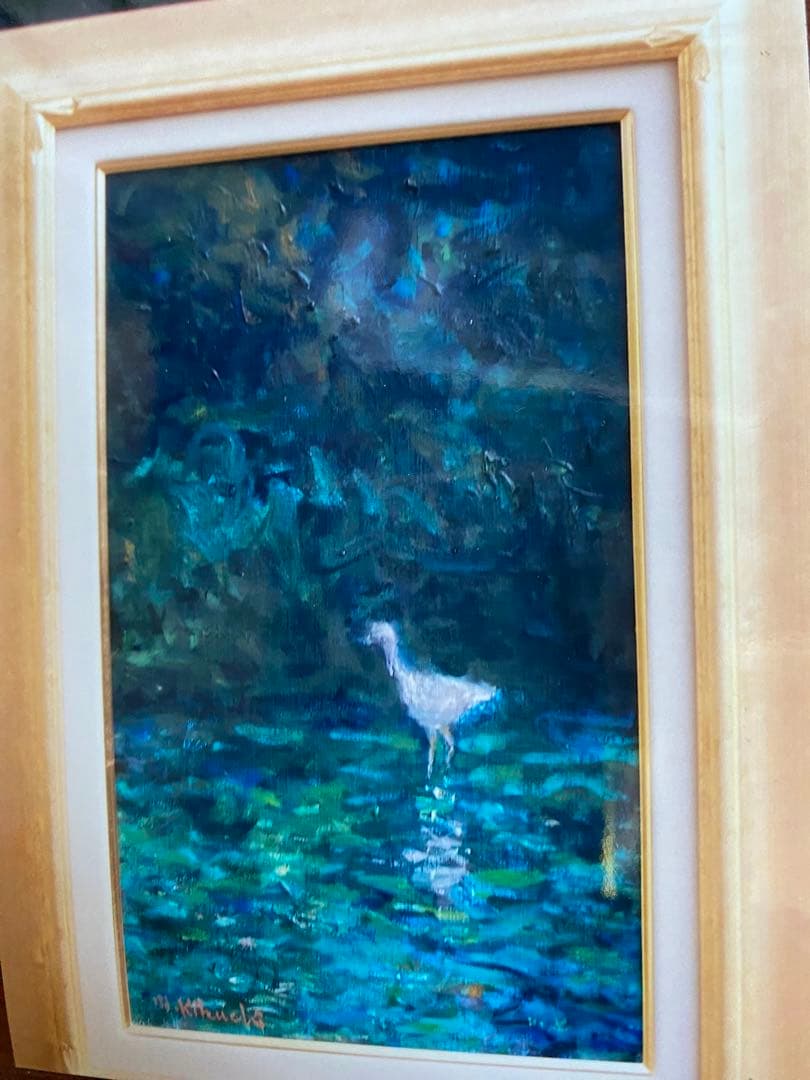 油絵。M6 「獲物をねらう」 自然　青　原画　一点物　額付き