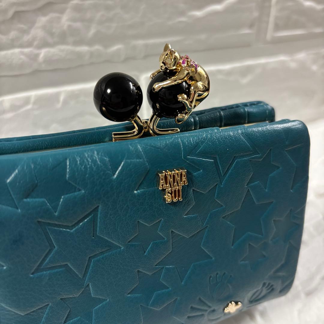 ANNA SUI プレイングキャット がま口二つ折り財布　猫 ターコイズ