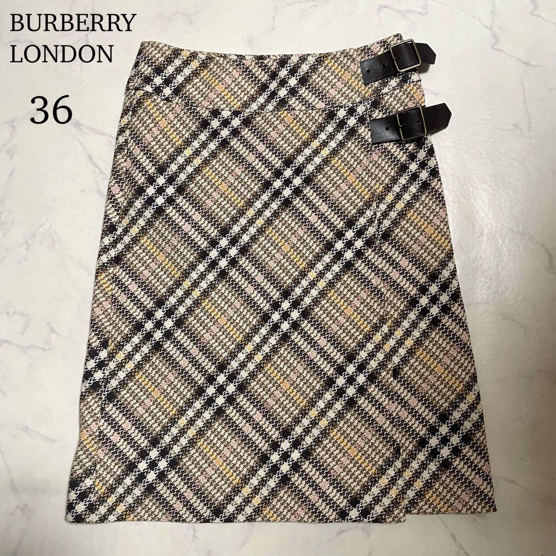 美品♪バーバリーロンドン ツイード ラップスカート 巻きスカート ベルト 36