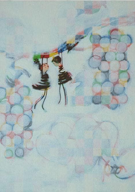 油絵 菅家令子 絵 絵画インテリア額付(青緑＋金色の枠) F4-081114子供