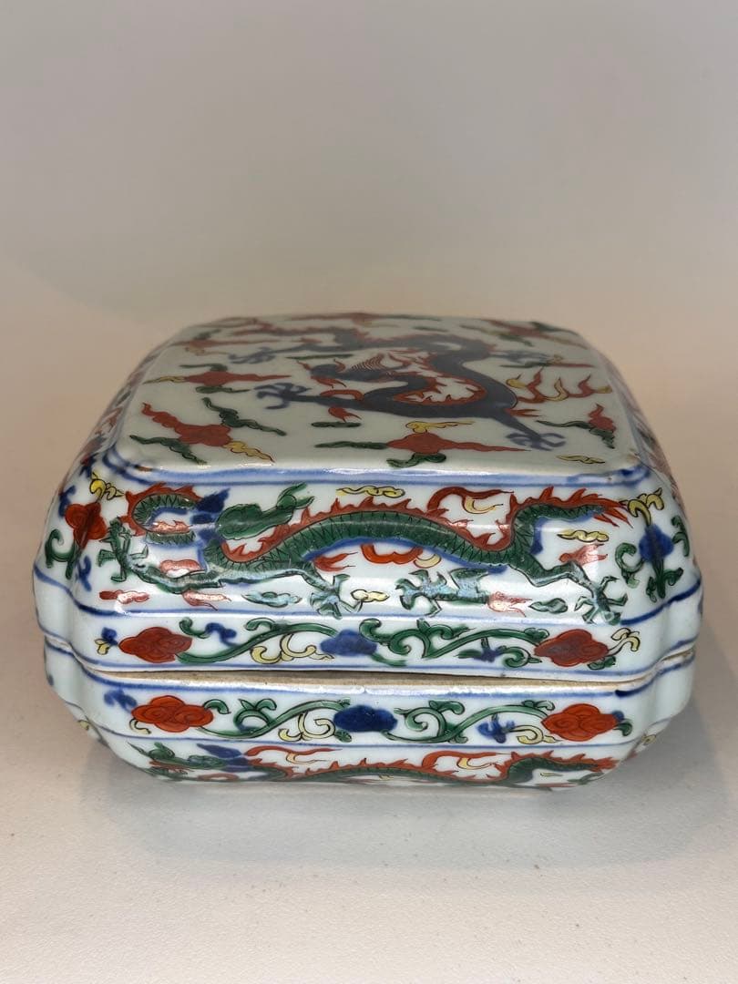 本mercy！中国 明代 大明嘉靖年製 五彩 龍文 蓋盒 四面龍文 骨董品