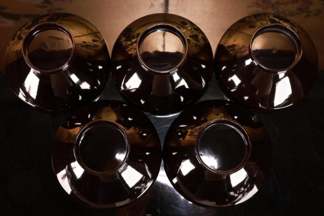 BJ021　時代輪島　雲上富士図金蒔絵　吸物椀　五客　木製　茶道具　懐石　菓子