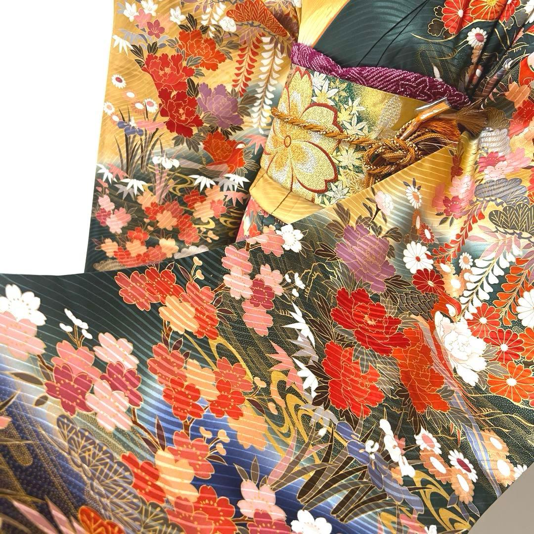 423 振袖フルセット 正絹 緑 グリーン 茶 金彩 駒刺繍 暈し染め