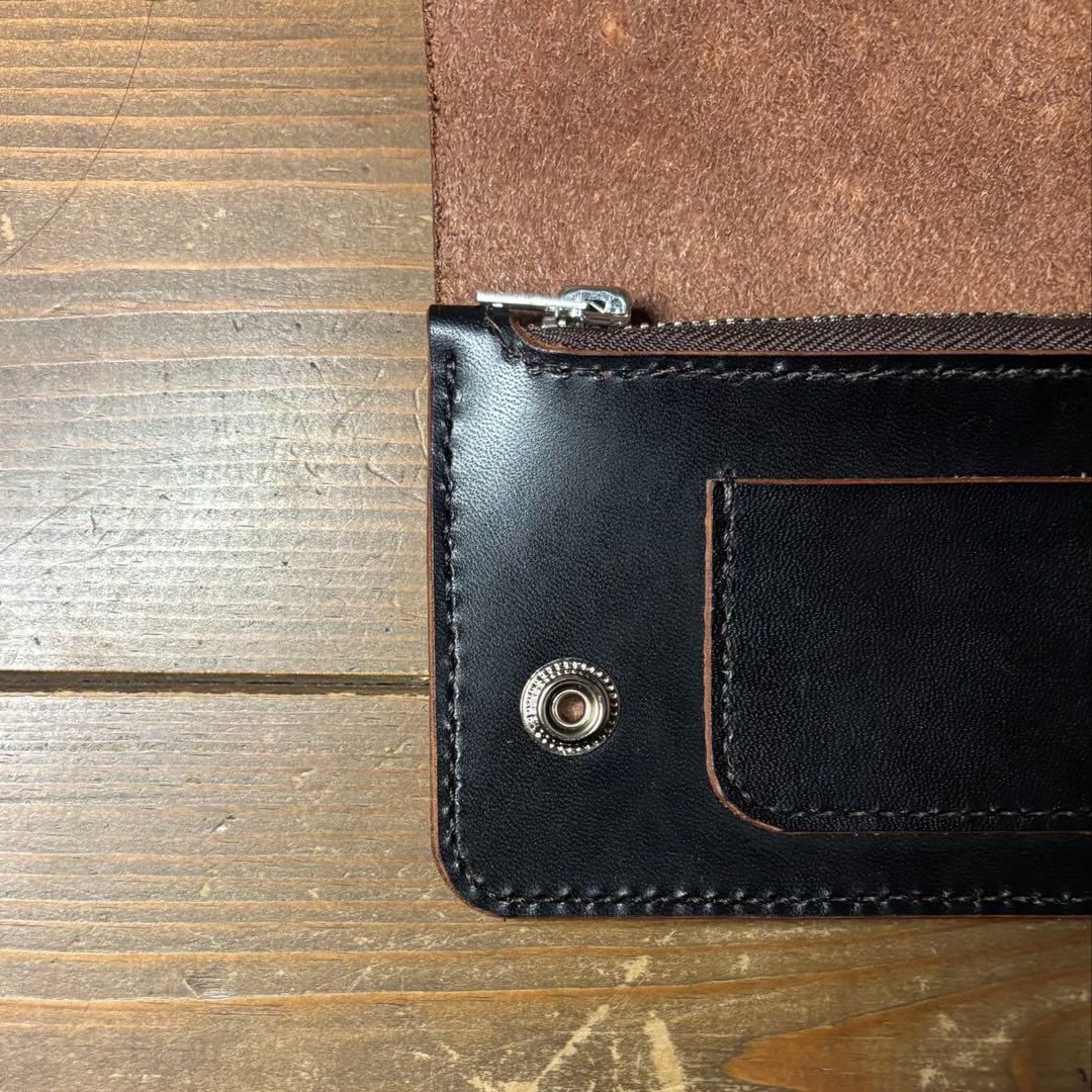 ハンドメイド 茶芯 トラッカーウォレット ブラック 本革 1点のみ