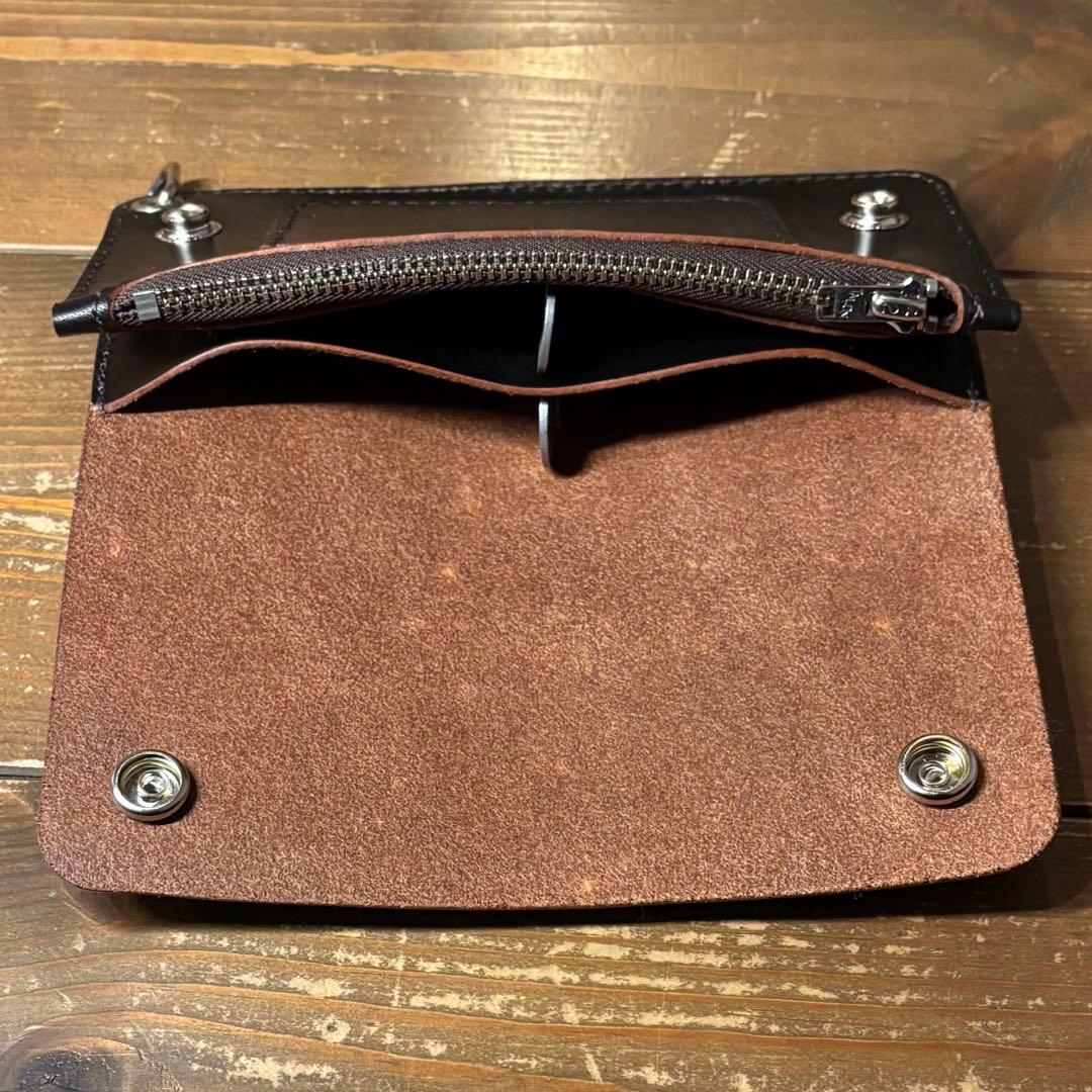 ハンドメイド 茶芯 トラッカーウォレット ブラック 本革 1点のみ