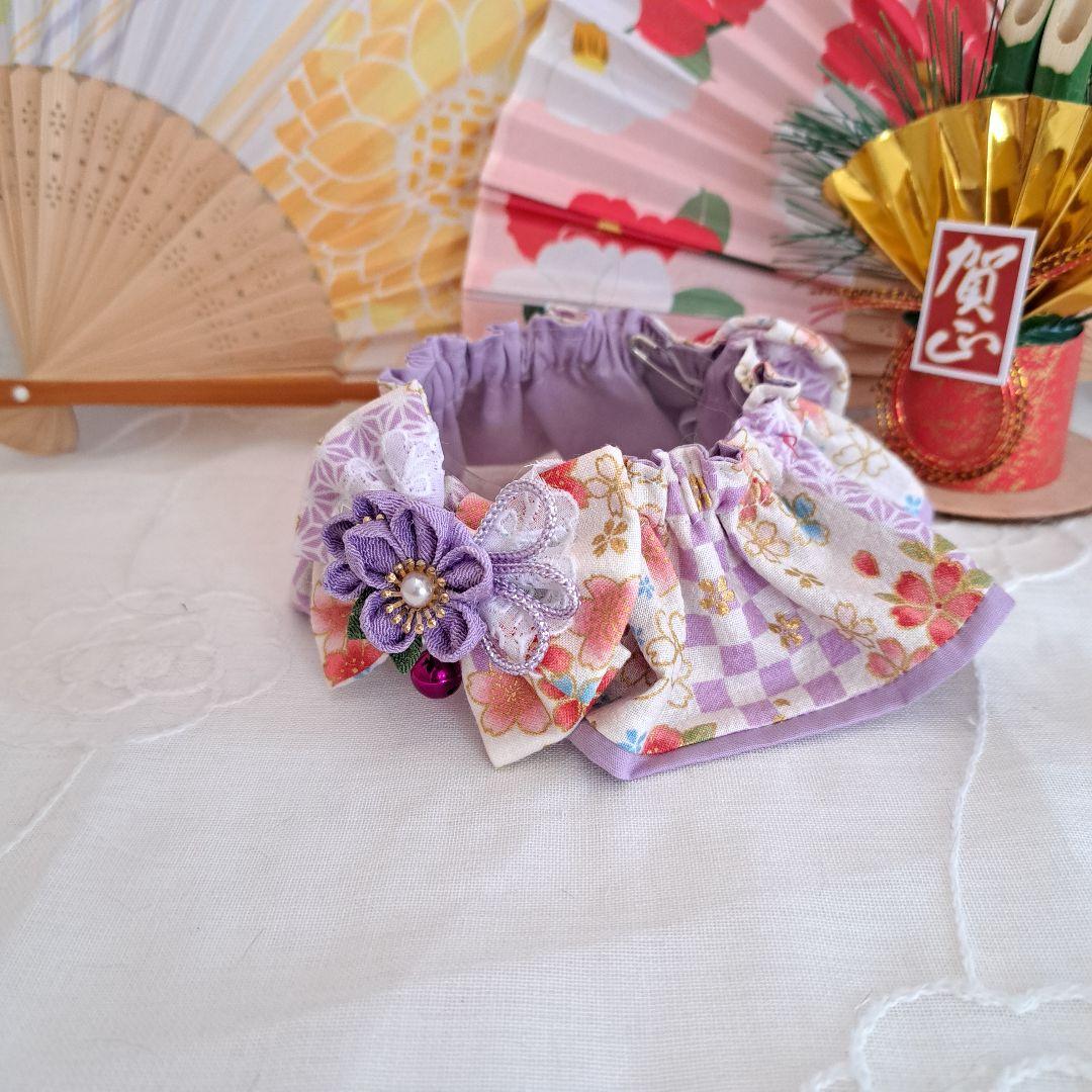 幅広シュシュ、和風妻み細工(白×藤色)わんちゃん猫ちゃん用