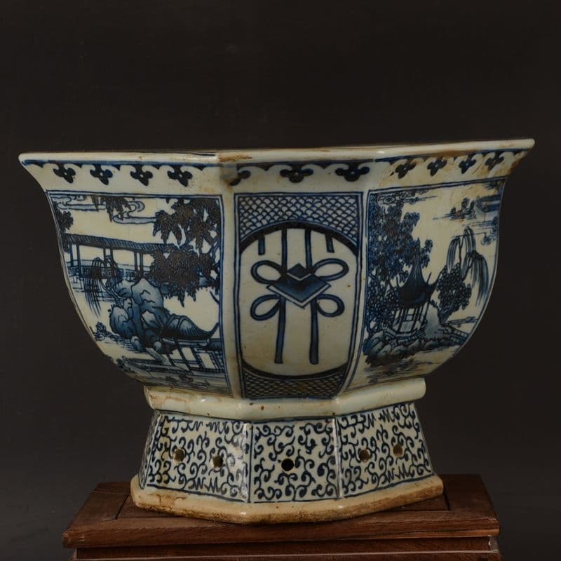 青花開窓庭楼四方高脚鉢 陶磁器 装飾品 現代工芸品美術品 置物