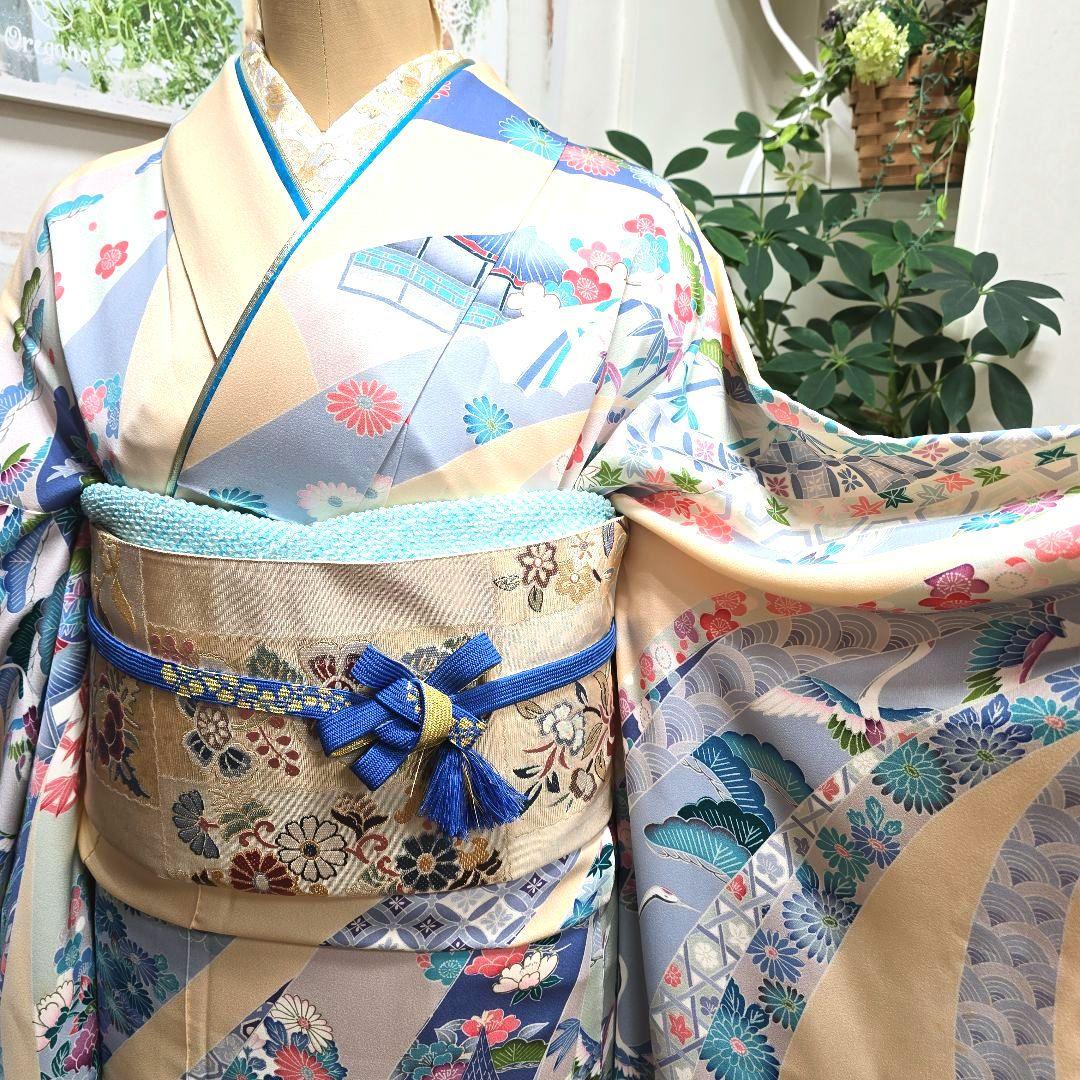 クリーム熨斗目振袖７点フルセット、成人式、前撮り、結婚式に