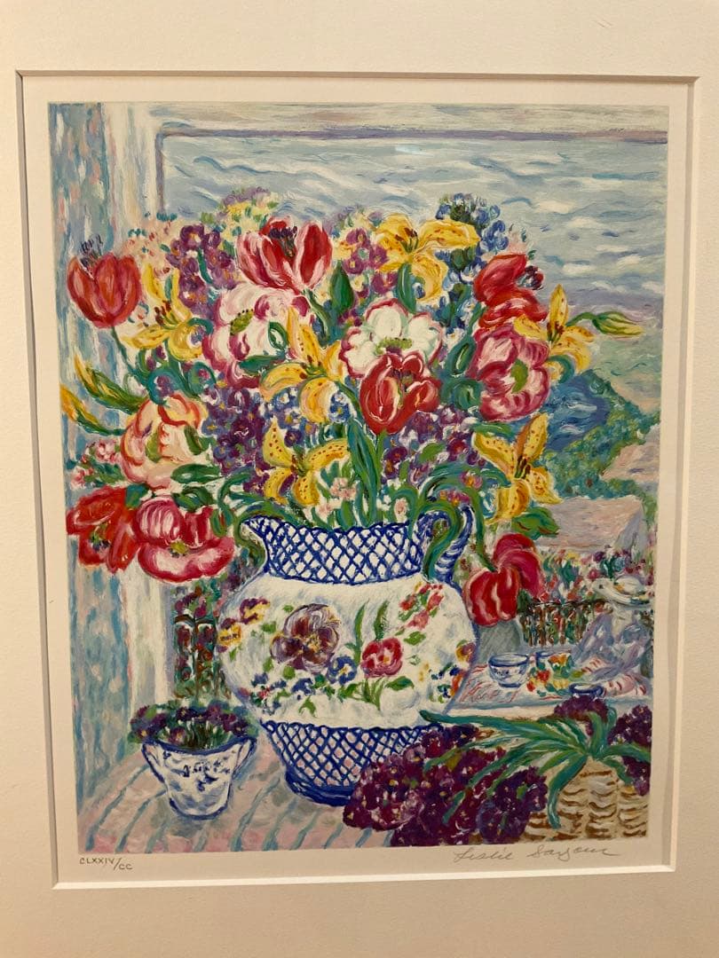 レスリー・セイヤー　「ライラックバスケット」　シルクスクリーン　直筆サイン有り