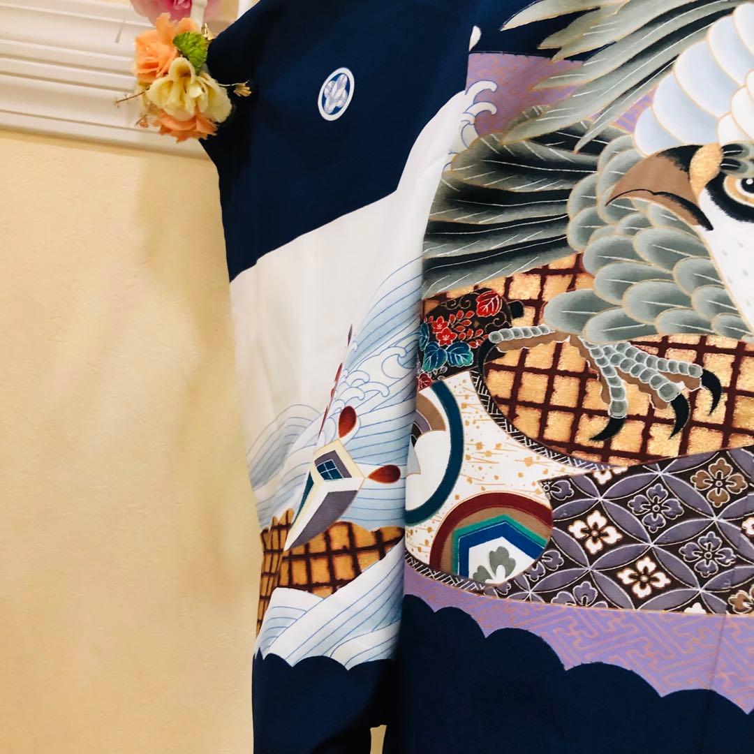 七五三　男の子‼️祝着・羽織・袴セット　鷹扇子波花文金彩⭐︎完全フルセット