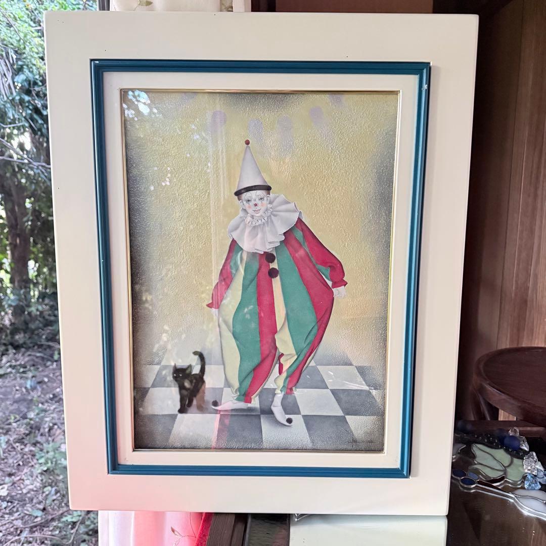 新春特別価格 ‼️くろねこ‼️川内令子『ピエロと黒猫』油彩画99年作真筆署名有