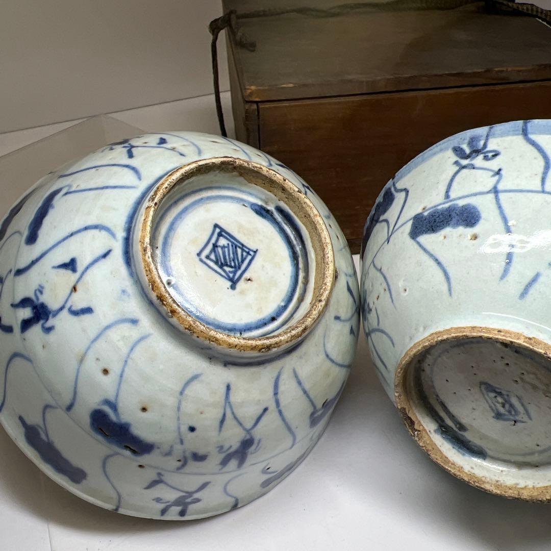 中国清朝時代　南京染付菓子鉢大小　木箱付　口径約17.8/15.5㎝