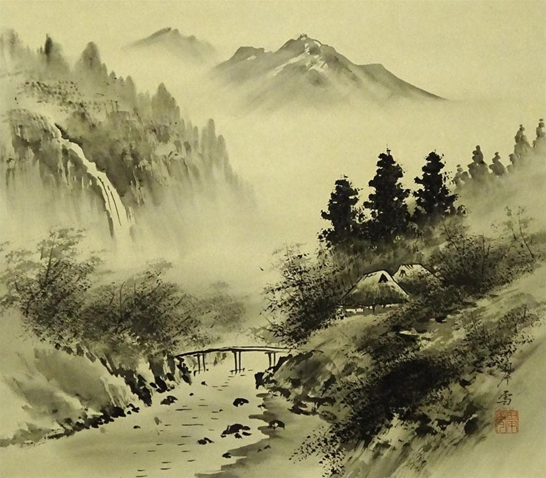 掛軸 翆雪『水墨山水』横書き 絹本 肉筆 共箱 掛け軸 g060220